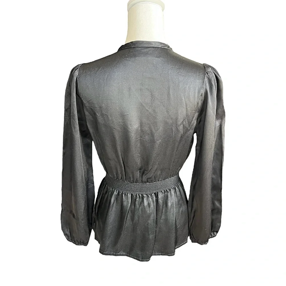Vintage 70s Black Satin long sleeve Blouse chic retro neutral minimalist